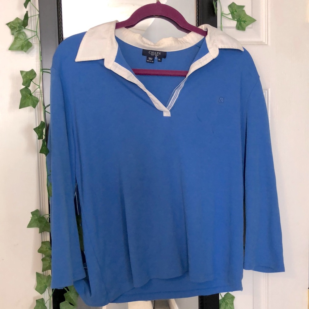 Blue Long-sleeve Chaps shirt with white collar; deep v